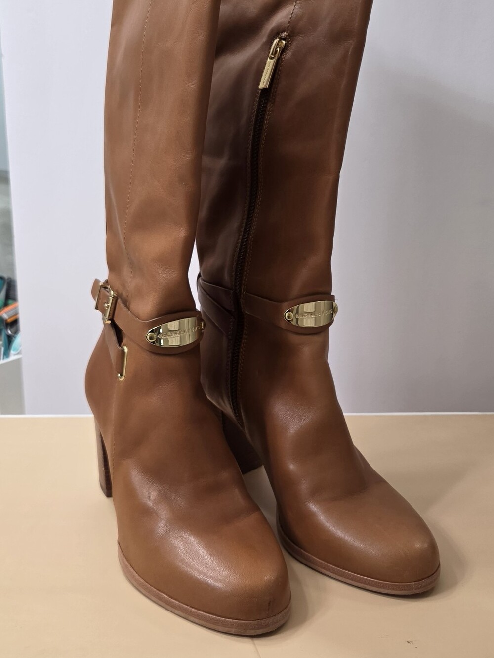Michael Kors Cognac Leather Heeled Knee Boots with Gold Hardware